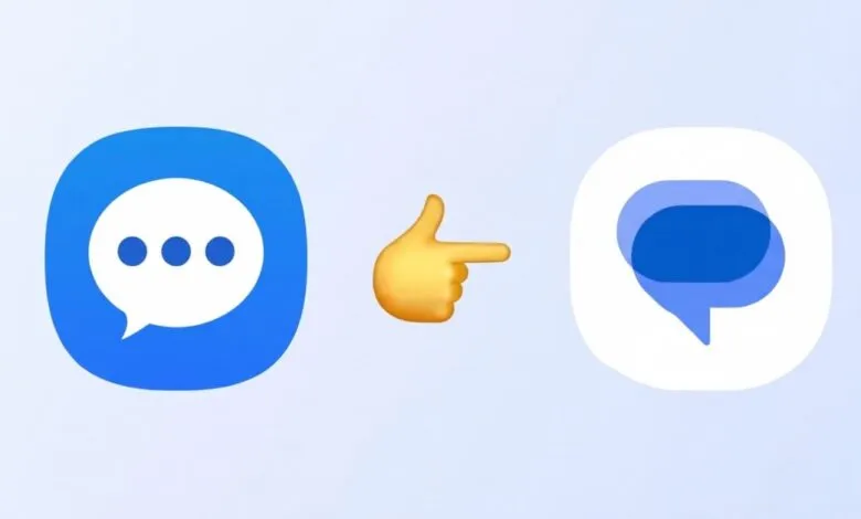 Samsung Messages icon points to Google Messages icon with emoji hand.