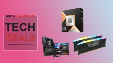 Tech deals promotion featuring AMD Ryzen 7 CPU, motherboard, and Corsair Vengeance DDR5 RAM.