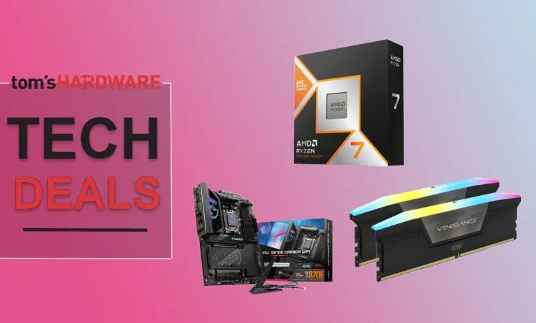Tech deals promotion featuring AMD Ryzen 7 CPU, motherboard, and Corsair Vengeance DDR5 RAM.