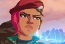 Animated character with a red beret and pink hair looks determined.