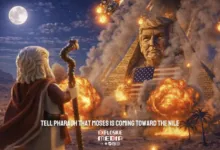 Lego Moses faces pyramid with Trump's head, American flag, and explosions.