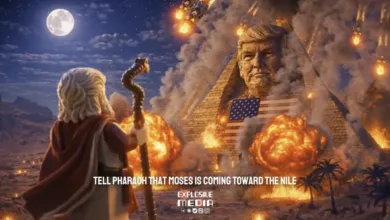 Lego Moses faces pyramid with Trump's head, American flag, and explosions.