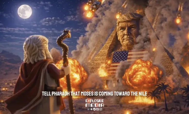 Lego Moses faces pyramid with Trump's head, American flag, and explosions.