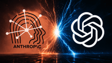 Anthropic vs. OpenAI: Logos face off with orange and blue lightning.