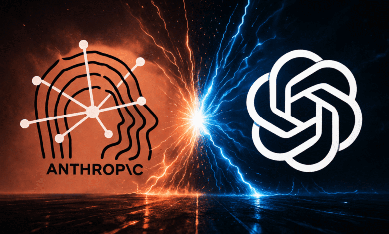 Anthropic vs. OpenAI: Logos face off with orange and blue lightning.