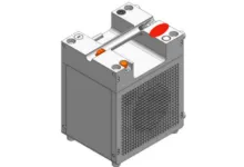Isometric view of a gray metal device with a perforated side panel.
