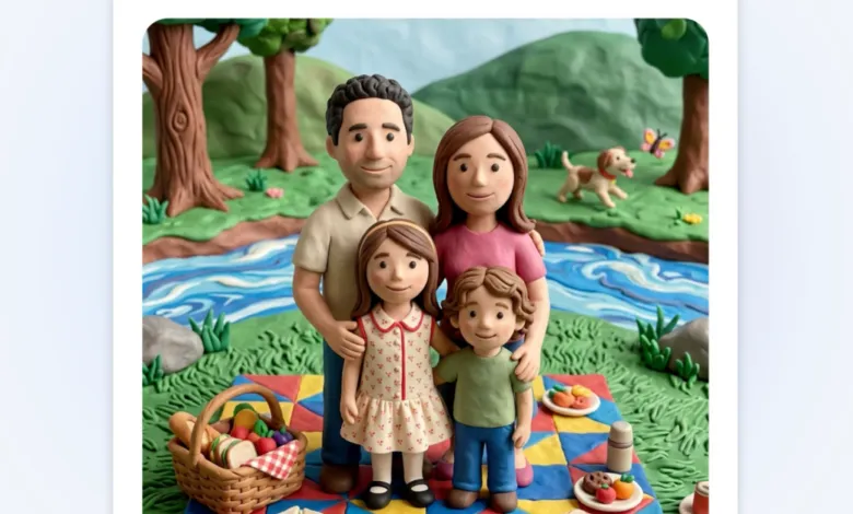 Claymation family of four enjoying a picnic by a river in a park setting.
