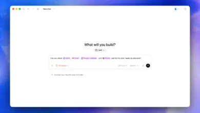 Screenshot of an AI interface asking 'What will you build?' with app integration options.