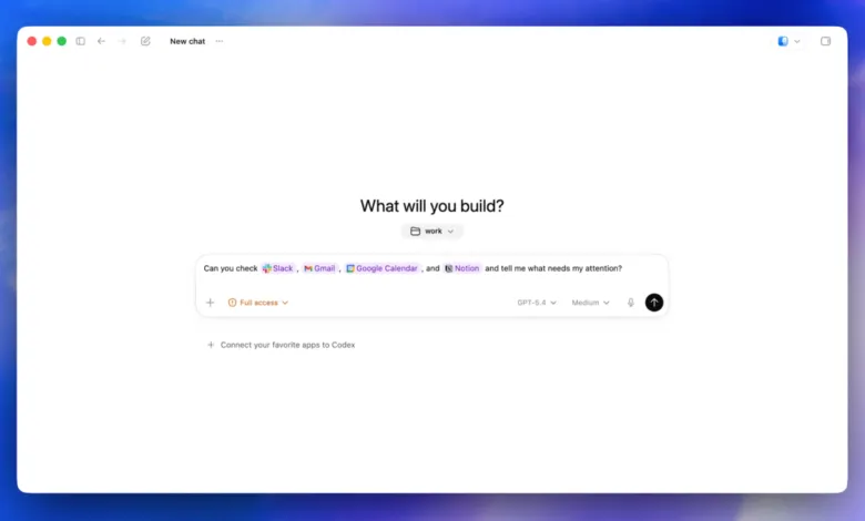 Screenshot of an AI interface asking 'What will you build?' with app integration options.