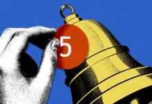 Hand touching notification bell icon with '5' inside, on blue background.