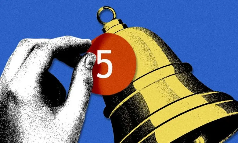 Hand touching notification bell icon with '5' inside, on blue background.