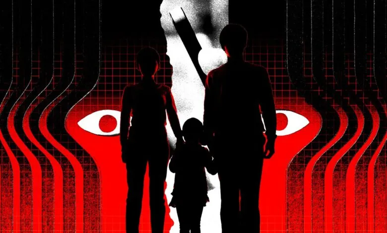 Silhouette of family with distorted red background and clock.