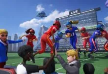 Animated football game with players in red and blue uniforms on a green field.