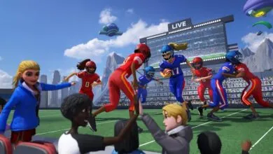 Animated football game with players in red and blue uniforms on a green field.
