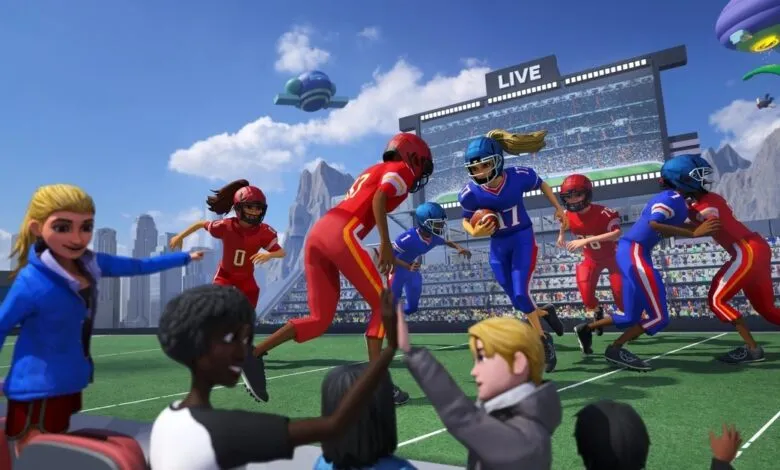Animated football game with players in red and blue uniforms on a green field.