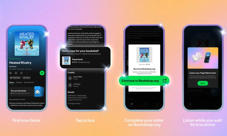 Spotify audiobook integration showing 'Heated Rivalry' book and purchase options.