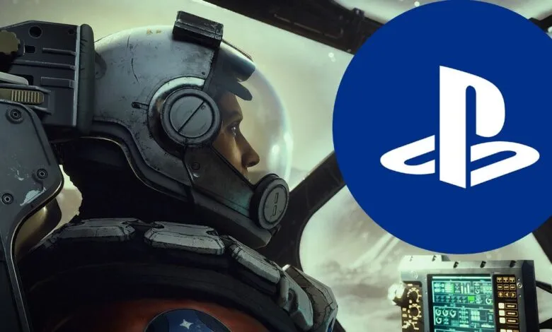 Starfield screenshot of astronaut in ship with PlayStation logo overlayed.