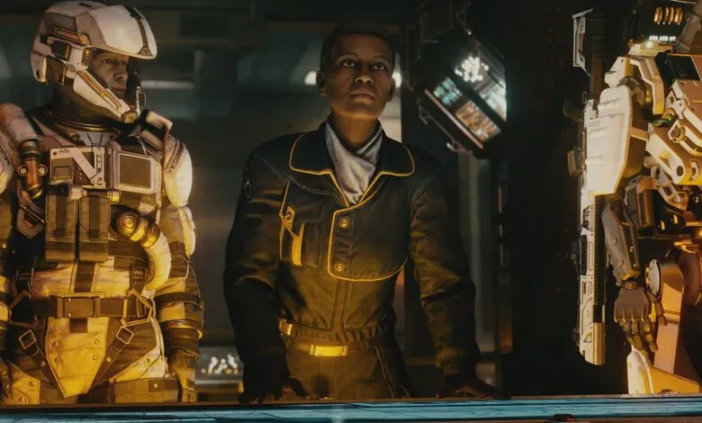 Starfield scene with a commander, space suit, and robot, all in a dimly lit environment.