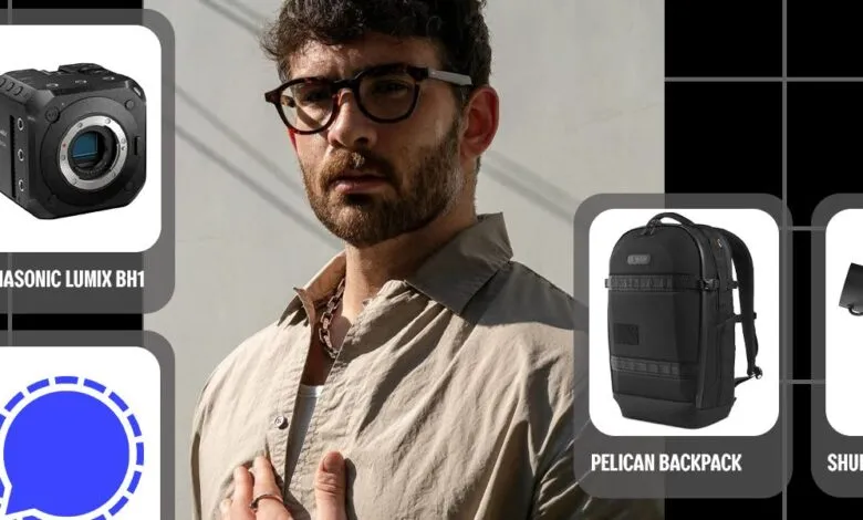 Hasan Piker's streaming starter pack: camera, mic, backpack, Signal app.