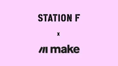 Station F x Make logo on a light purple background.