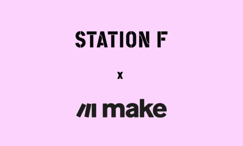 Station F x Make logo on a light purple background.