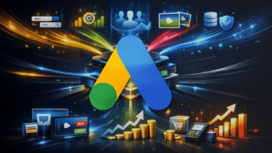 Google Ads logo with marketing icons, representing digital advertising.