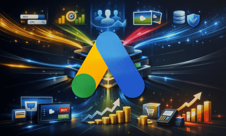 Google Ads logo with marketing icons, representing digital advertising.