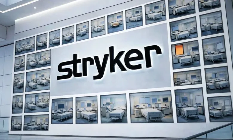 Stryker logo on wall with hospital room images, modern design.