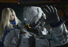 Girl with blonde hair next to a person in a futuristic astronaut suit.