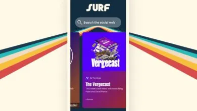 Surf app interface featuring 'The Vergecast' podcast and search bar.