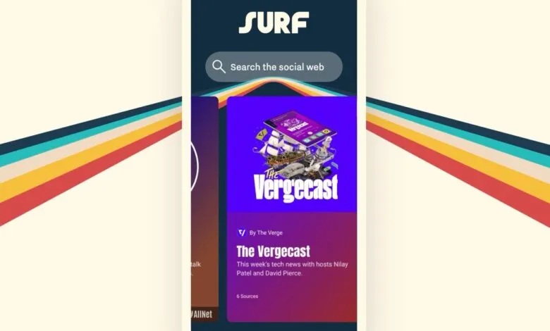 Surf app interface featuring 'The Vergecast' podcast and search bar.