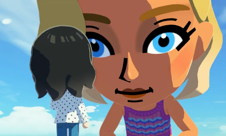 Close-up of two Mii characters against a blue sky backdrop.