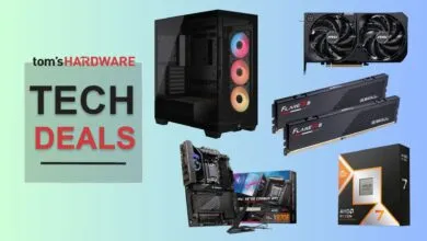 Tech deals graphic featuring PC components like CPU, GPU, RAM, and motherboard.