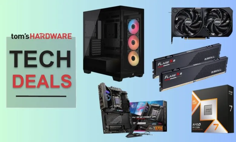 Tech deals graphic featuring PC components like CPU, GPU, RAM, and motherboard.