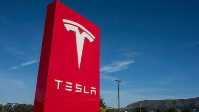 Large red Tesla sign with white logo and lettering against a blue sky.