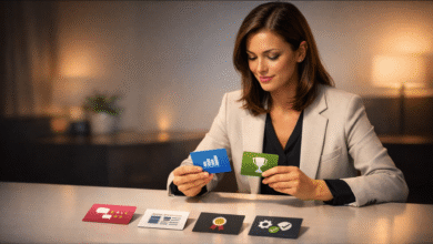 Woman in blazer holding cards with business icons, seated at table.