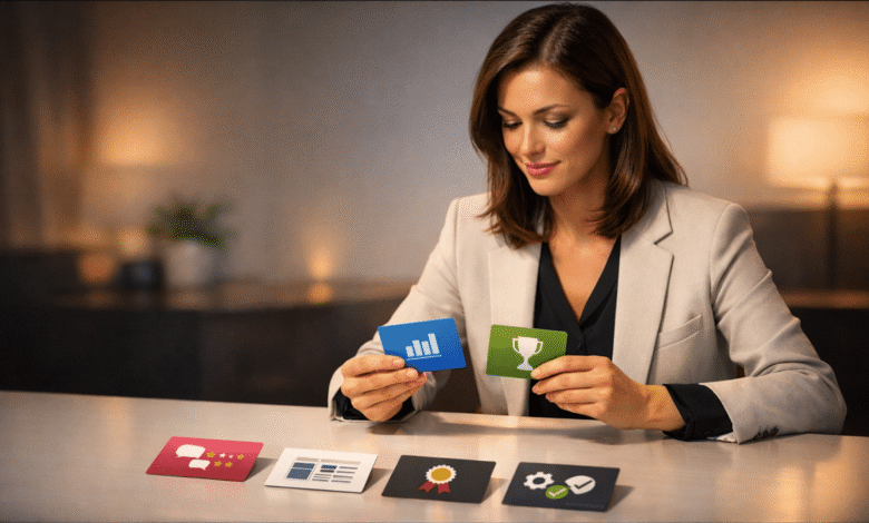 Woman in blazer holding cards with business icons, seated at table.