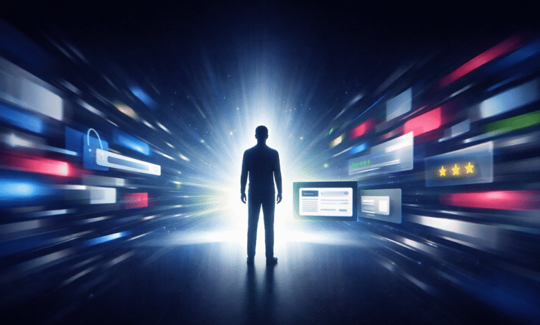 Silhouette of person standing amidst digital icons and bright light.