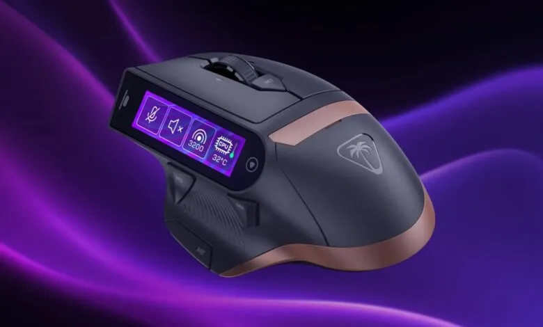 Turtle Beach MC7 gaming mouse with integrated LCD screen displaying settings.