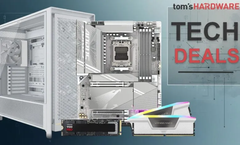 White PC build with motherboard, RAM, SSD, and case for tech deals.