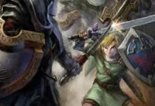 Link from Zelda battles a dark knight, sparks fly from clashing swords.