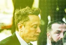 Close-up of Elon Musk with another person, halftone effect.