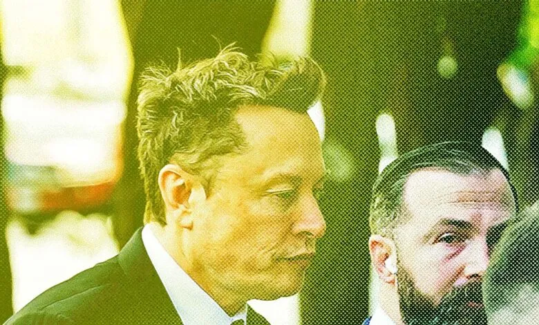 Close-up of Elon Musk with another person, halftone effect.