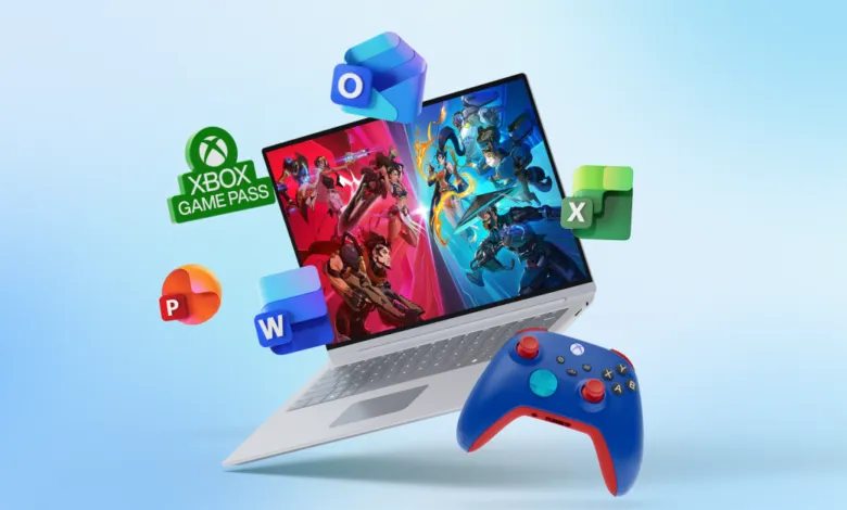Laptop with Xbox Game Pass, Office apps, and a blue Xbox controller.