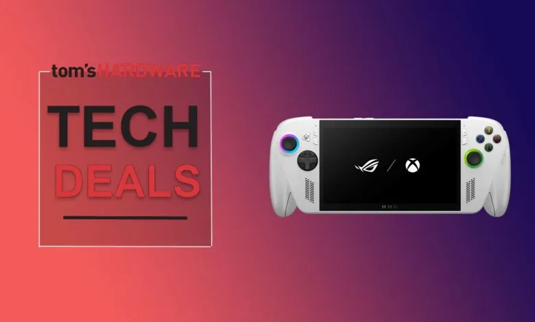 ROG Ally handheld gaming console on a gradient background.