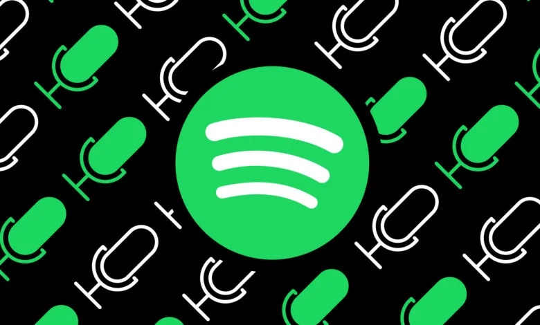 Spotify podcast illustration with logo and microphone icons.