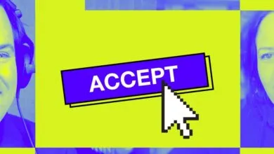 Two people flank an 'Accept' button with a pixelated cursor.