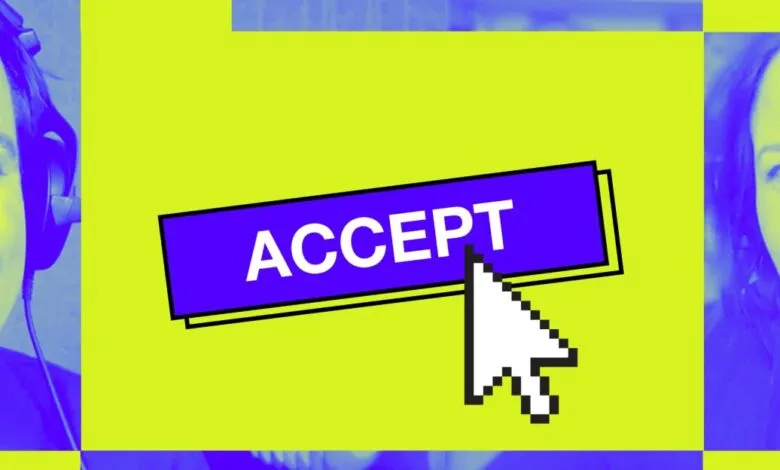 Two people flank an 'Accept' button with a pixelated cursor.