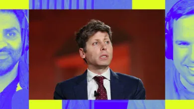 Split screen with Ezra Klein speaking, and two people in headphones.