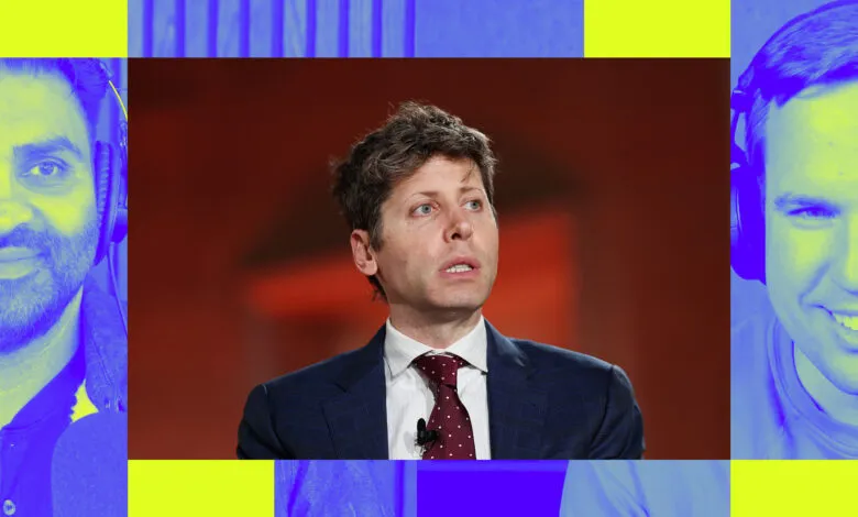 Split screen with Ezra Klein speaking, and two people in headphones.